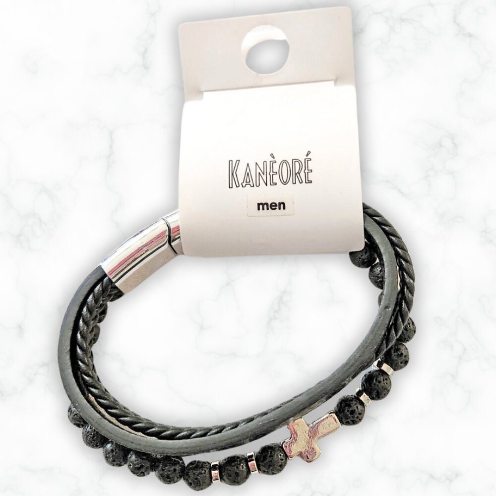 NWT Kanèoré Men's Lava Stone Silver Cross Beaded Bracelet, Multistrand Cord Cuff